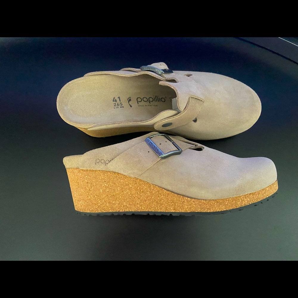 Papillio by Birkenstock suede Fanny Mules with cork heels, size 41, never worn